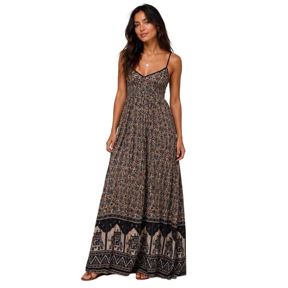 Wet Seal Elephant Floral Print Smocked Maxi Dress XL Blue Brown Boho Y2K gypsy